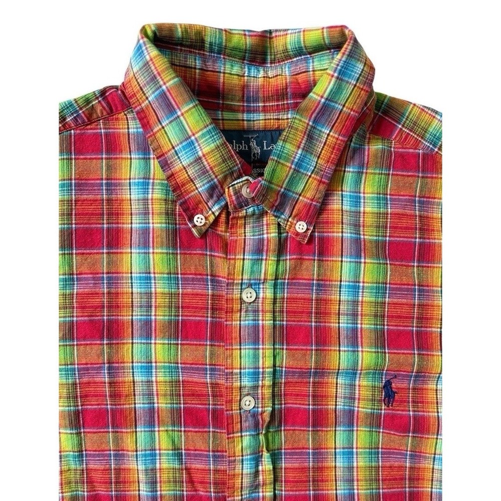 Ralph Lauren Linen Blend Long Sleeve Button Down Vibrant Plaid Blue Pony Mens L